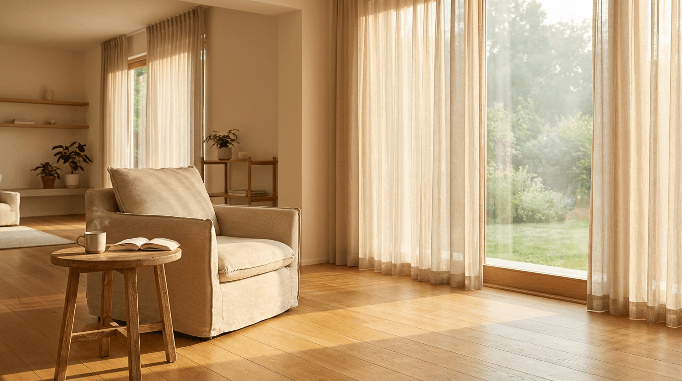 Sunlit living room with comfortable armchair, warm light through sheer curtains, peaceful and welcoming ambiance